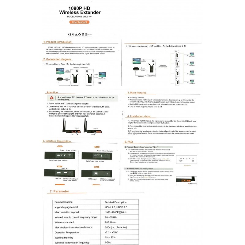 Trådlös överföring av HDMI med flera mottagare AV Audio Video HDMI-sändare, fungerar upp till 200m