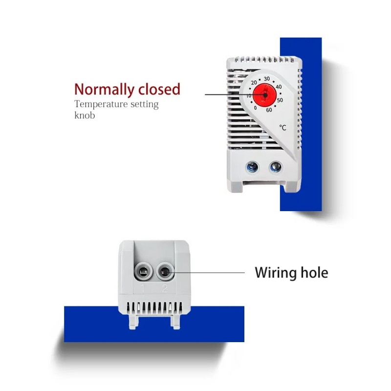 Skåpetermostat för DIN-skena montering 0 → +60 °C, NC normalt stängd, 120Vac 230Vac Temperaturreglering