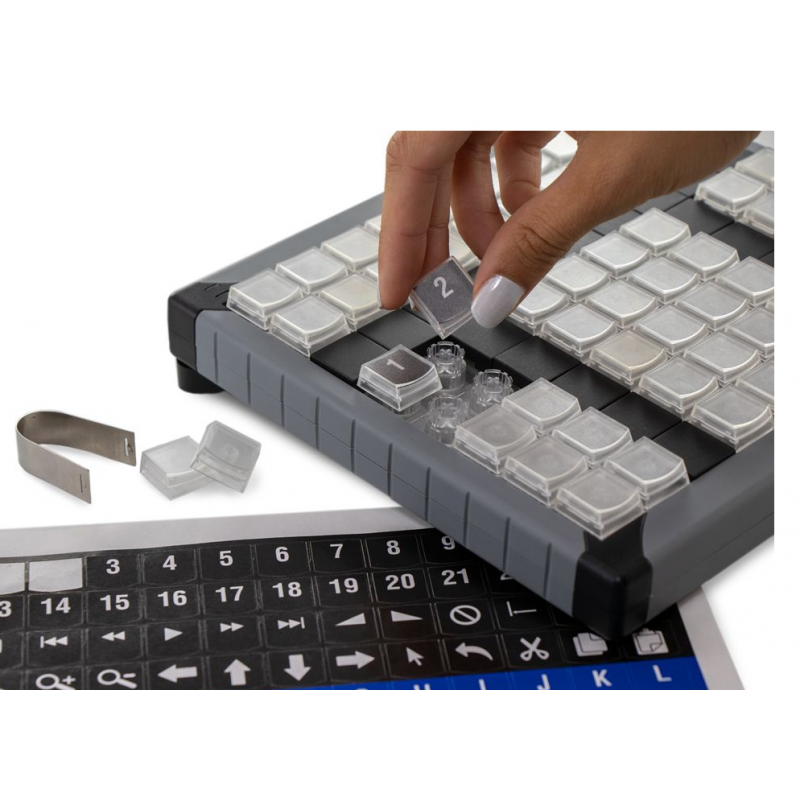 Programmerbart KVM-tangentbord med 60 tangenter. Skicka rena USB HID-koder. Lyft av nyckellocket för legender. USB.