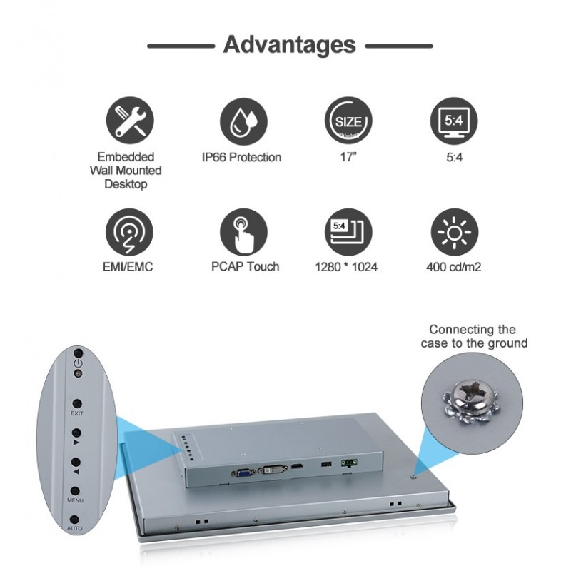 17 IP66 high nits Touch Monitor med PCAP Touch och HDMI/VGA/DVI videoportar
