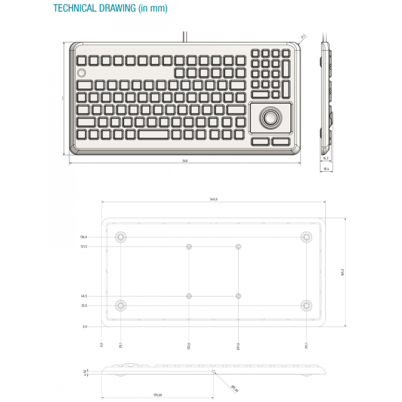 IP68 VESA Mini USB-tangentbord med trackball-mus industriell, medicinsk, laboratorierengöring med alkohol, aceton etc.