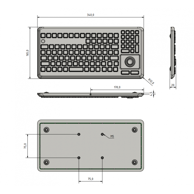 IP68 VESA Mini USB-tangentbord med trackball-mus industriell, medicinsk, laboratorierengöring med alkohol, aceton etc.