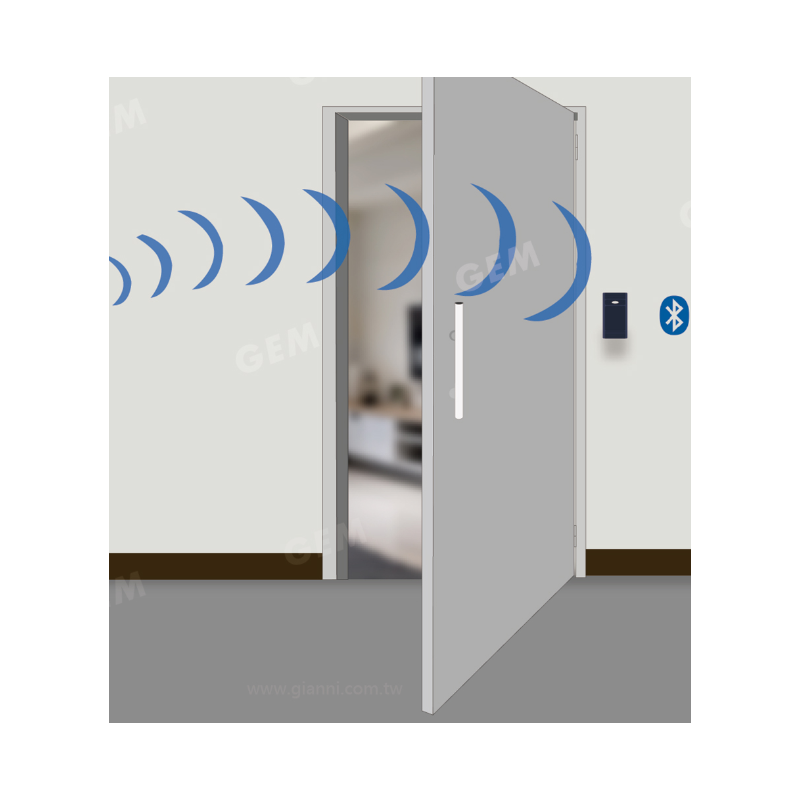 Passerkontroll av elektriskt dörrlås via Bluetooth, med RFID-läsare. 200 användare