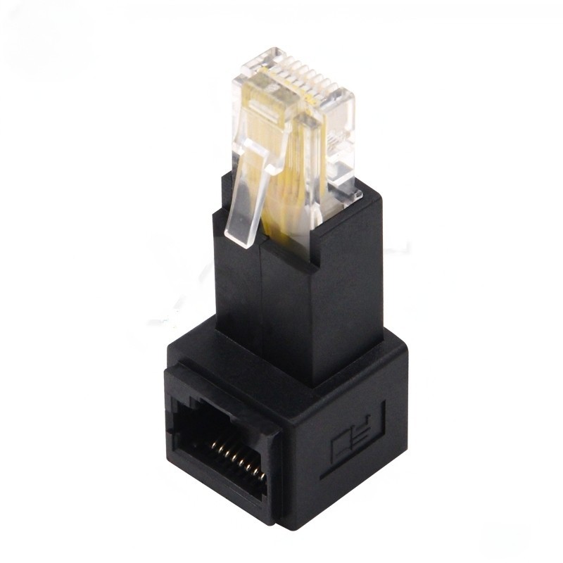 Upward angled 90° RJ45 network adapter without screen for UTP cables.