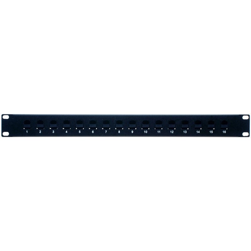 16 ports Patch panel med 16 x RJ45 UTP gennemgangs stik, 1U, sortfo...