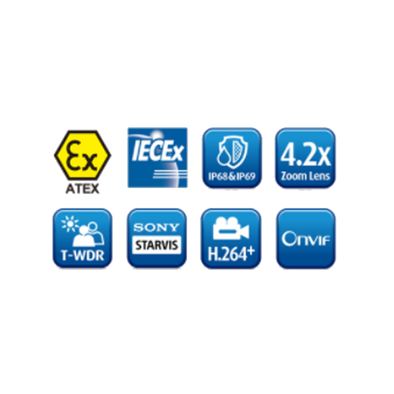 Explosion-proof 2MP ATEX Zone 1 and 2 CLASS IIC IP camera in 316L steel housing with motot zoom. IP68