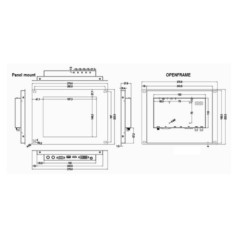 Pamel Mount Open Frame 9.7" TFT Touch screen HDMI, VGA, DVI, Composite 4:3