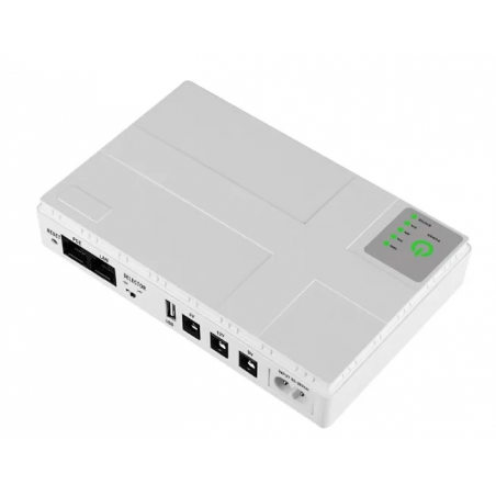 UPS 10,4Ah med DC-utgång. 85-265VAC ingång. USB, 5VDC, 9VDC, 12VDC utgång 12W. Passiv PoE-utgång