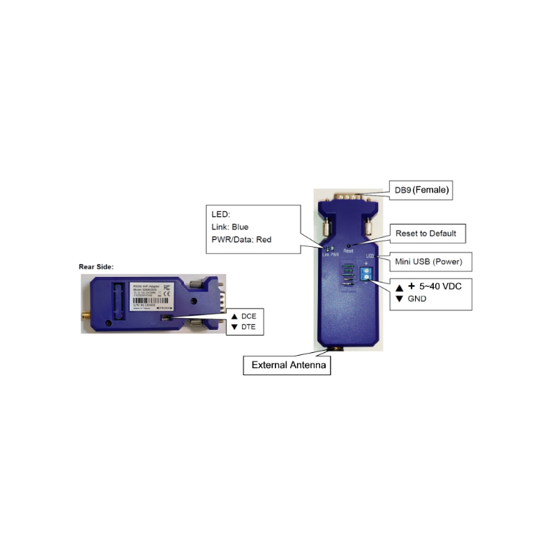 Industrial Serial RS232 adapter for WiFi network. Connect RS232 equipment to a wireless network
