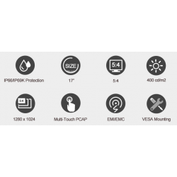 17" IP66/IK69 fully sealed Industrial monitor, 1280 x 1024, 5:4, 400nits, HDMI, Multi-PCAP touch