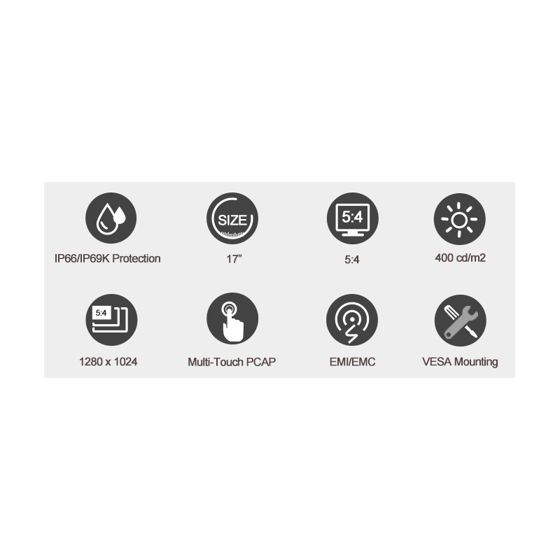 17" IP66/IK69 helt förseglad industriell bildskärm, 1280 x 1024, 5:4, 400nits, HDMI, Multi-PCAP touch