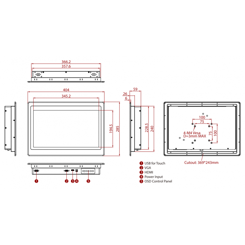 15.6" PCAP Touch Panel Mount Display - MON15.6-SUN Features
