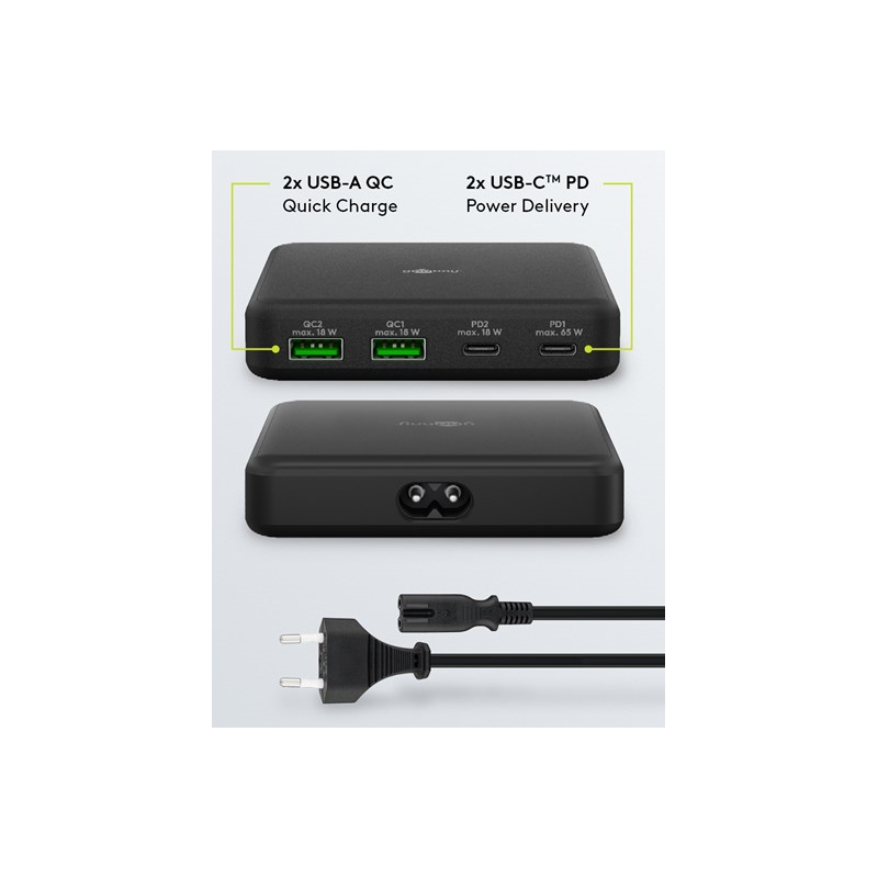 USB-C™ PD GaN bordsladdare med flera portar (65 W) svart 2x USB-C, 2x USB-A-portar
