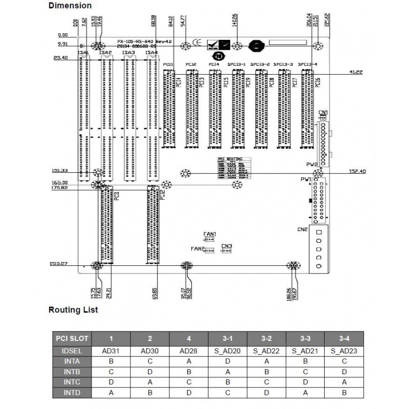 Bakplan - PX-10S-RS, 10 plats bakplan med 7xPCI-platser via Pericom bridge IC, 3xISA-platser