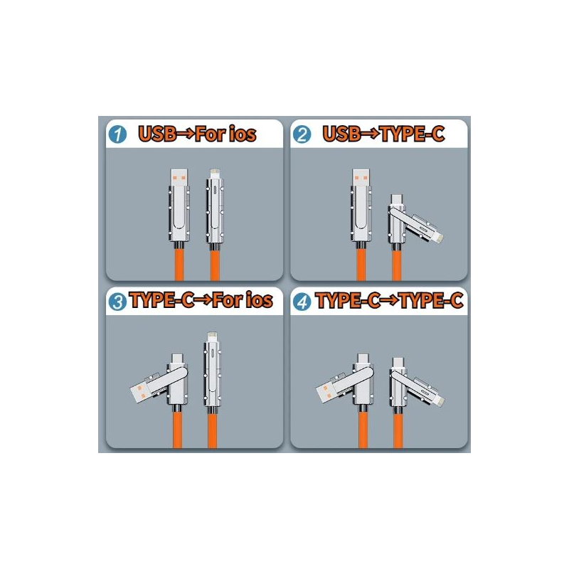 4 in 1 PD USB cable 100W Fast Charging cable 2 meter, USB-A, USB-C, Iphone Lighting