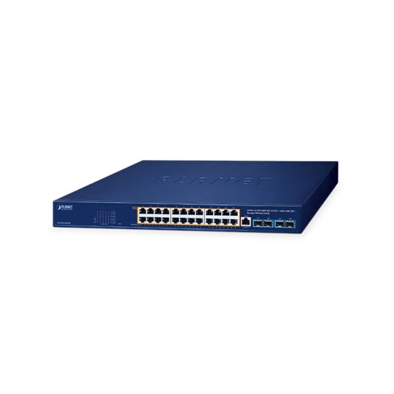 24 port Managed Gigabit Ultra PoE switch 24 x 10/100/1000Mbit RJ45. Fiber 4 x 100/1000/2500Mbit or 10GB SFP slot