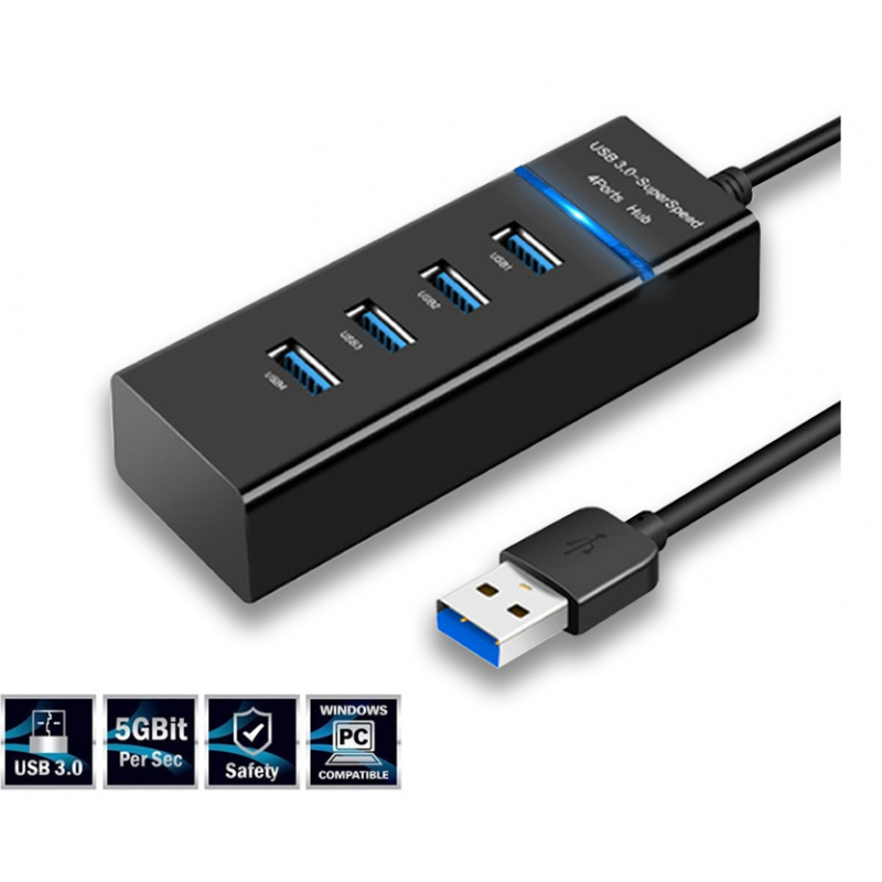 USB 3.0 4 port Super Speed HUB, high speed with LED indicator, black