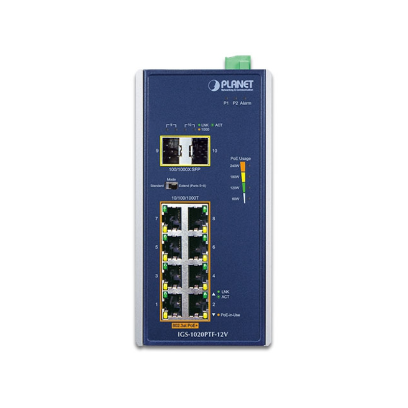 8 + 2 port Unmanaged Industrial switch, 8 x RJ45 Gigabit, 2 x 100/1000 Mbit SFP slot, PoE+