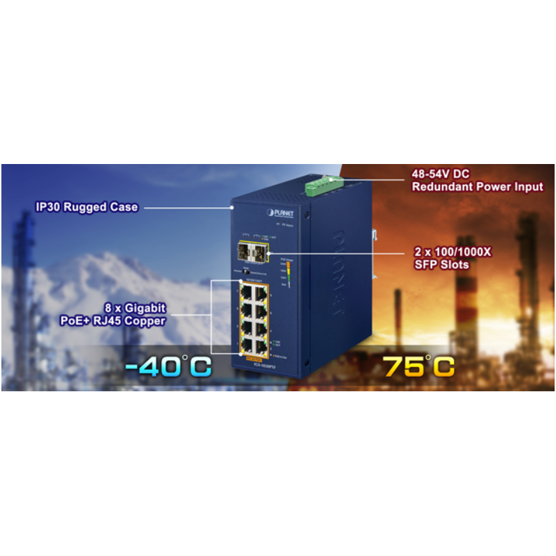 8 + 2 portar Unmanaged Industrial switch, 8 x RJ45 Gigabit, 2 x 100/1000 Mbit SFP-kortplats, PoE+