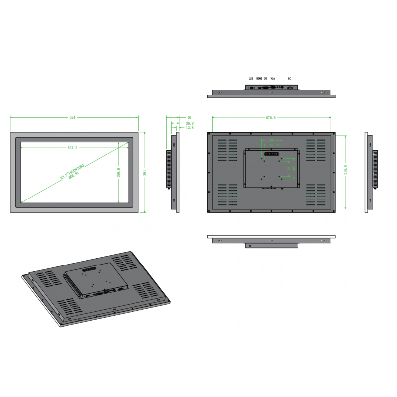 24" Panelmonitor TFT Touch, PCAP, Projected touch, VGA, HDMI, Stålfront, Medicinsk användning Pharma use