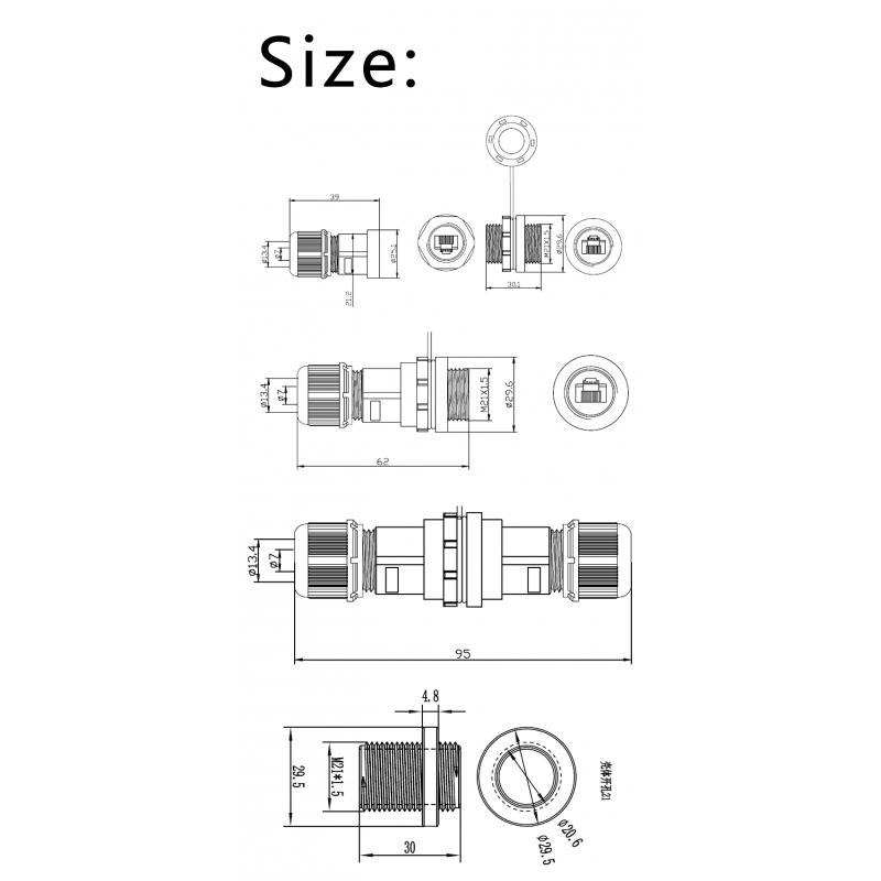 RJ45 IP67 vattentät genomföringskontakt för chassi- och panelmontering, M20 mm