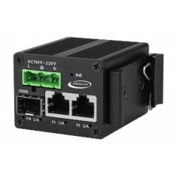 Mini, micro size media converter 2 x RJ45 with PoE, 1 x fiber SFP slot, 85 - 250VAC