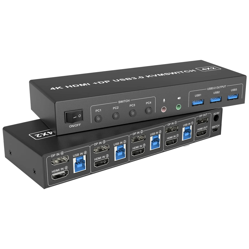 4 Ports HDMI & DisplayPort KVM Switch, 4K, Supports Multi Monitor, 3x USB