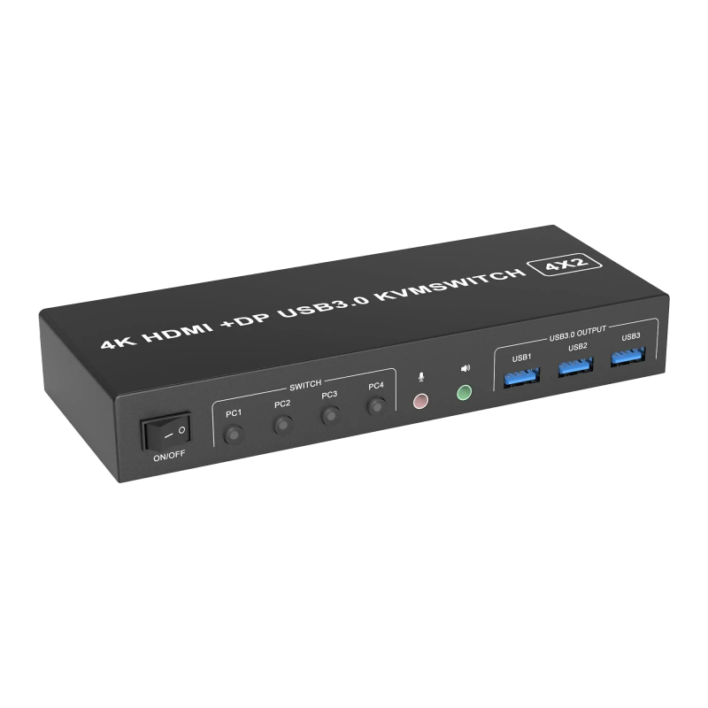 4-portars HDMI & DisplayPort KVM-switch, 4K, Stöder Multi Monitor, 3x USB