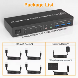 4-portars HDMI & DisplayPort KVM-switch, 4K, Stöder Multi Monitor, 3x USB