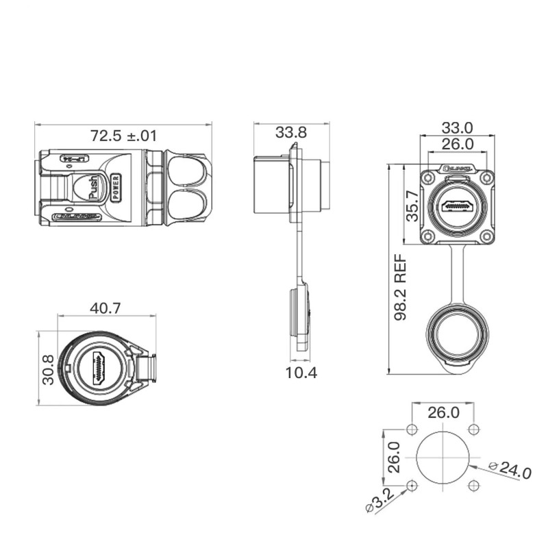 IP67 waterproof HDMI 2.0 connector with 5m cable for panels