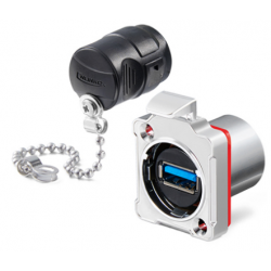 Vattentät USB 3.0-chassikontakt. Tryckknappsutlösning. Metall. USB-hona/hona. 24 mm hål