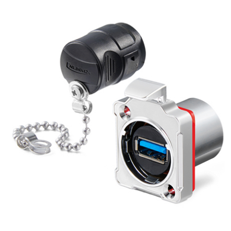 Vattentät USB 3.0-chassikontakt. Tryckknappsutlösning. Metall. USB-hona/hona. 24 mm hål