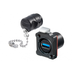 Vattentät USB 3.0 chassikontakt, tryckfrigöring. Svart anodiserad. USB-hona/hona. 24 mm hål