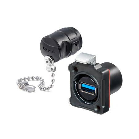 Vattentät USB 3.0 chassikontakt, tryckfrigöring. Svart anodiserad. USB-hona/hona. 24 mm hål