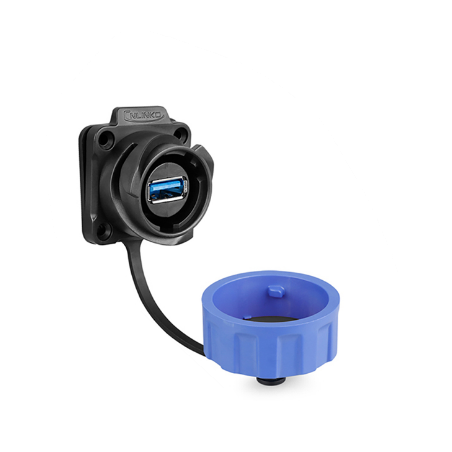 Vattentät USB 3.0 chassikontakt med bajonettfattning. Plast. USB-hona/hona. 24 mm hål