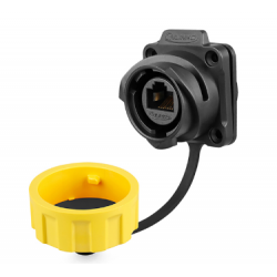 Vattentät RJ45 chassikontakt. IP67, 24 mm, fläns för 4 skruvar. RJ45 hona/hona. Snabbkoppling