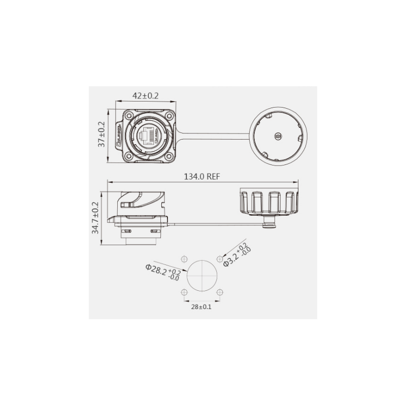 Waterproof RJ45 chassis connector. IP67, 24mm, flange for 4 screws. RJ45 female/female. Quick coupling
