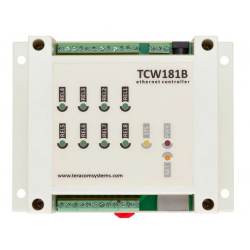 Teracom TCW181B-CM med 8 reläer, slutande och öppnande kontakter, med upp till 3 Amp, antingen AC eller DC.