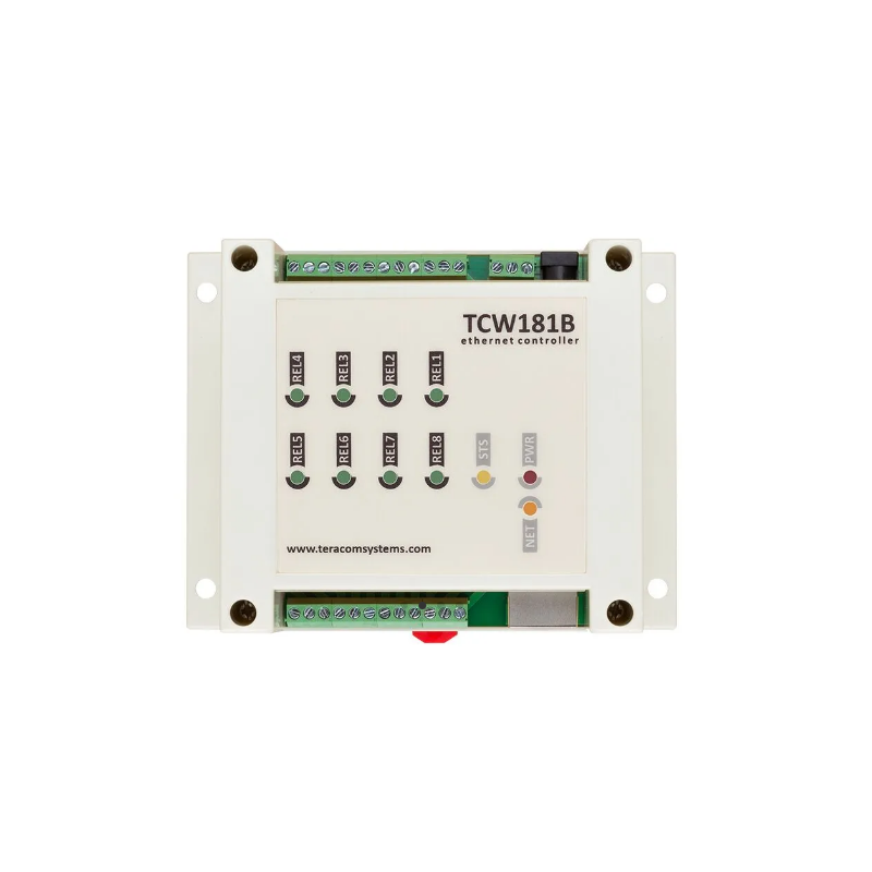 Teracom TCW181B-CM with 8 relay NO and NC contacts with up to 3Amp, either AC or DC current.