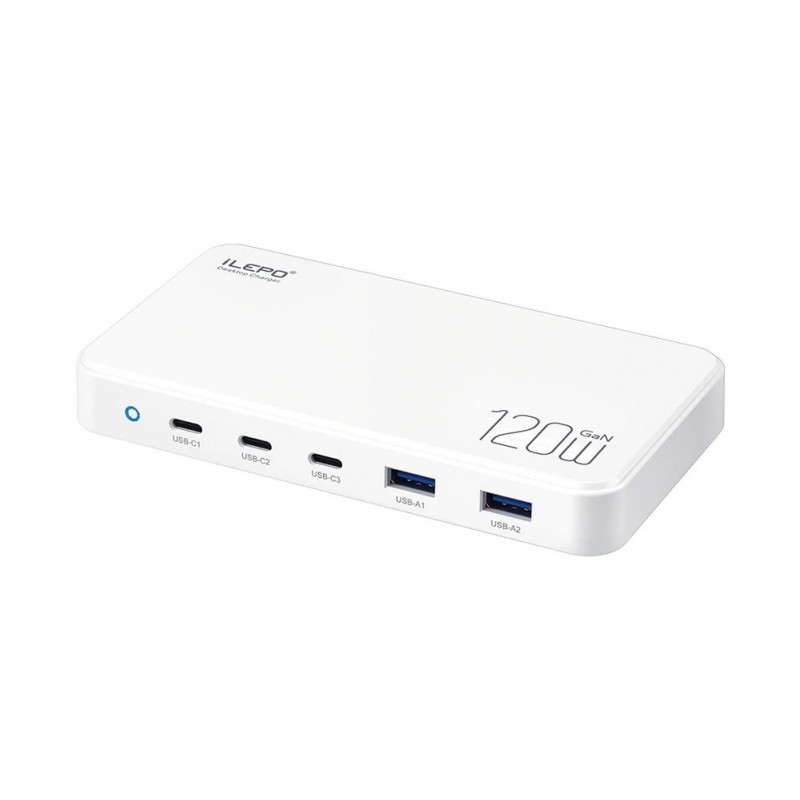 GaN PD USB-laddare 3 USB-C, 2 USB-A, 5 portar 120Watt snabbladdare