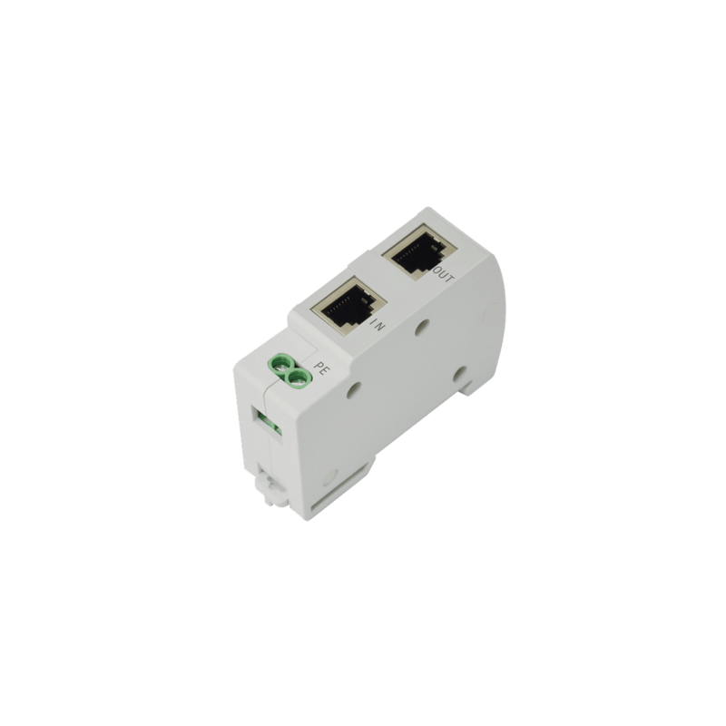 RJ45 överspänningsskydd, PoE 10/100/1000Mbit. 0,2dB förlust. 2,5kA, DIN-montering.