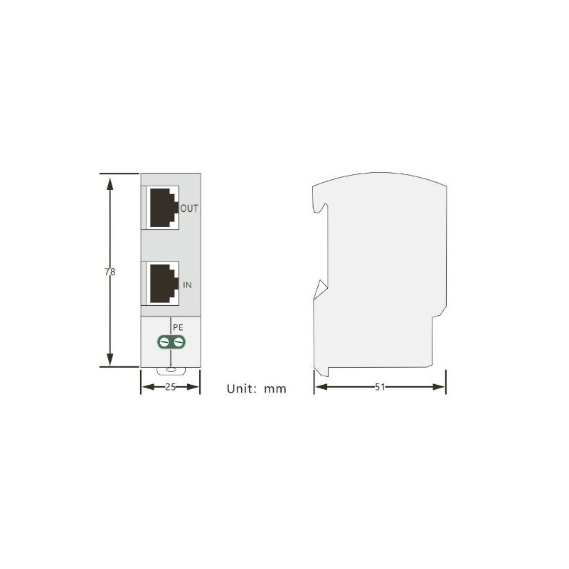 RJ45 överspänningsskydd, PoE 10/100/1000Mbit. 0,2dB förlust. 2,5kA, DIN-montering.