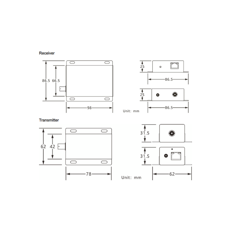 PoE-förlängare för koaxialkabel, 100 Mbps, upp till 500 meter. 48-56 VDC ingång