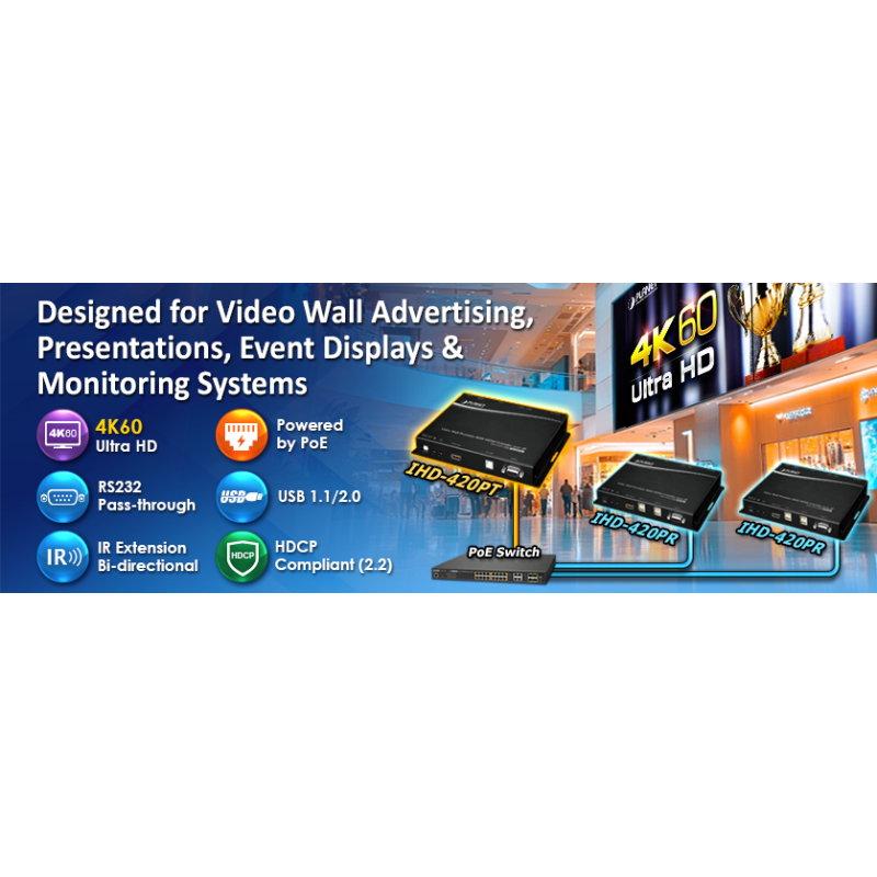 HDMI 4K60 KVM-mottagare över IP med PoE, USB för tangentbord, mus och pekskärm