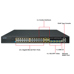 24 port switch - Stackable. 24 x 10/100/1000Mbit RJ45. Fiber 4x Combo SFP 10Gbit / 1Gbit