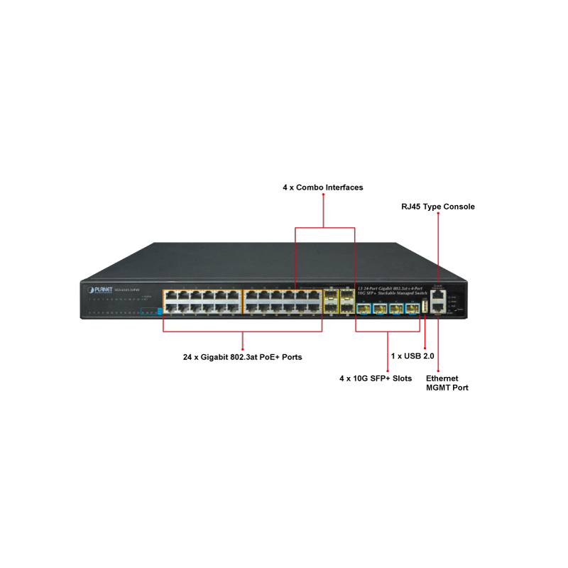 24 port växel - Stapelbar. 24 x 10/100/1000Mbit RJ45. Fiber 4x Combo SFP 10 Gbit / 1 Gbit