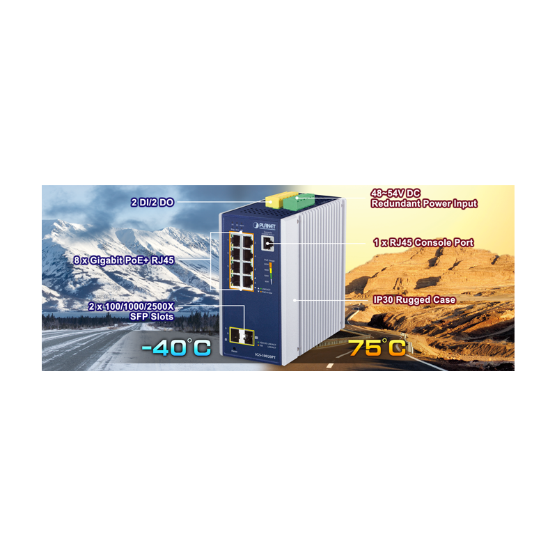 8-portars hanterad switch, 8 x 10/100/1000 Mbit RJ45. Fiber, 2 x 100/1000/2500 Mbit SFP-kortplats, PoE+, tidssynkronisering