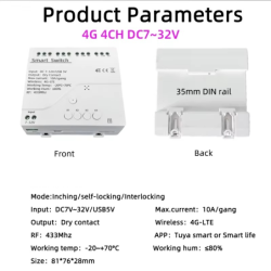 4G LTE Smart Reläbrytare med Tuya App-kontroll, RF 433Mhz