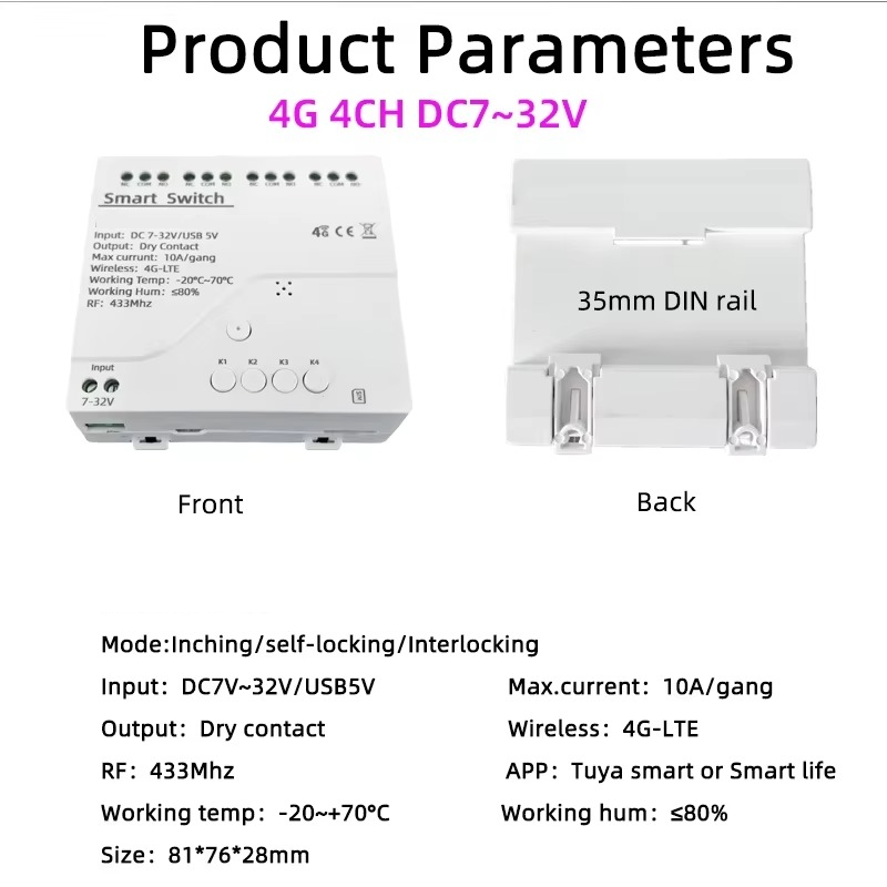 4G LTE Smart Reläbrytare med Tuya App-kontroll, RF 433Mhz
