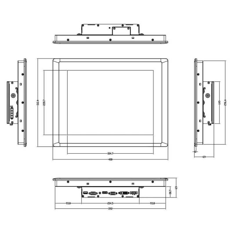 15 "Panel Vesa Monitor TFT-LCD, Resistive Touch, IP65 Front VGA, DVI-D, DisplayPort 1024x768